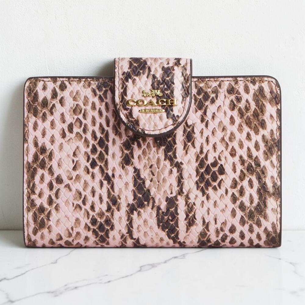 NWT Coach Medium Corner Zip Wallet Snake Embossed Leather Pink Gold CEL81
